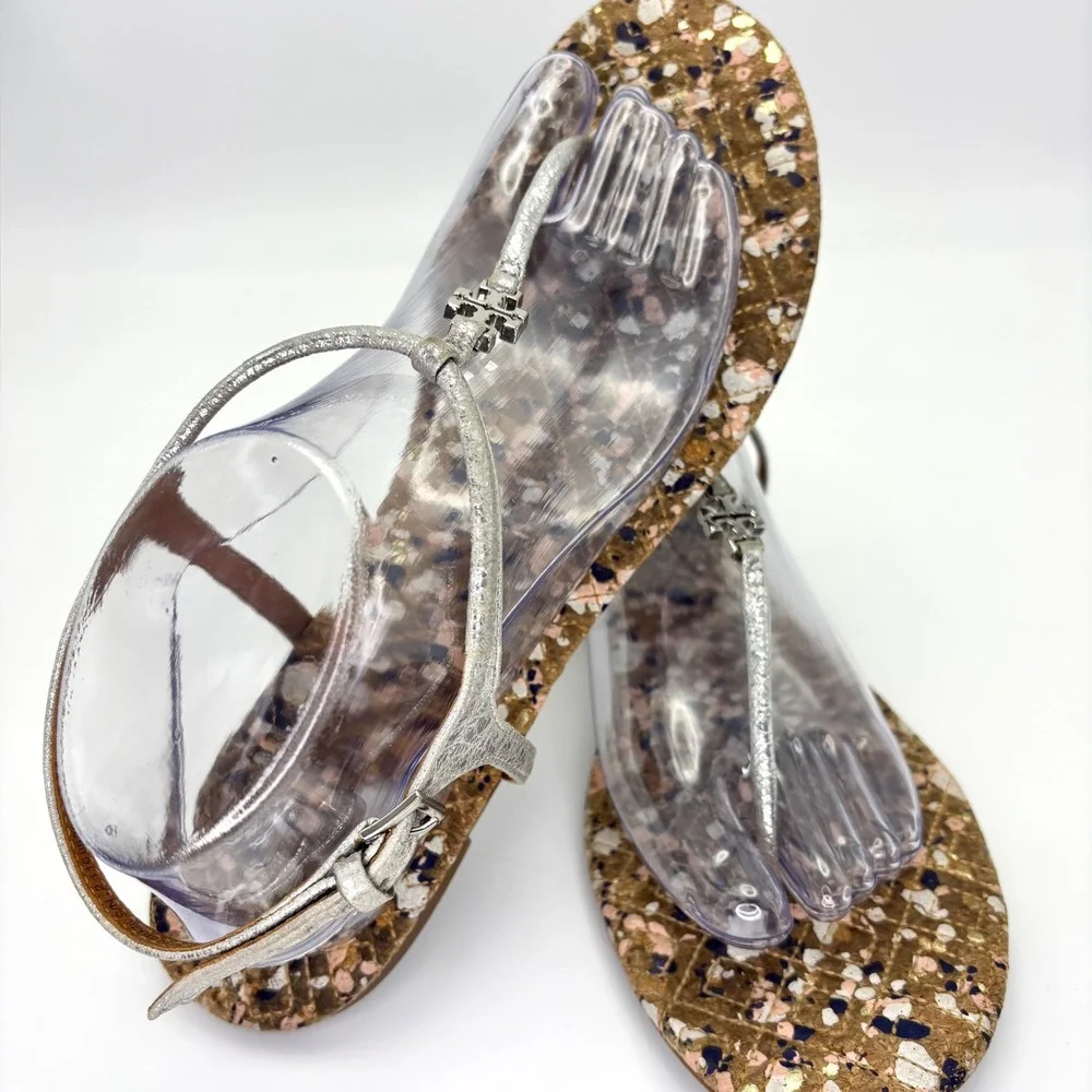 Tory Burch Marion Confetti Women's 10.5 Silver Metallic Leather T-Strap Sandals